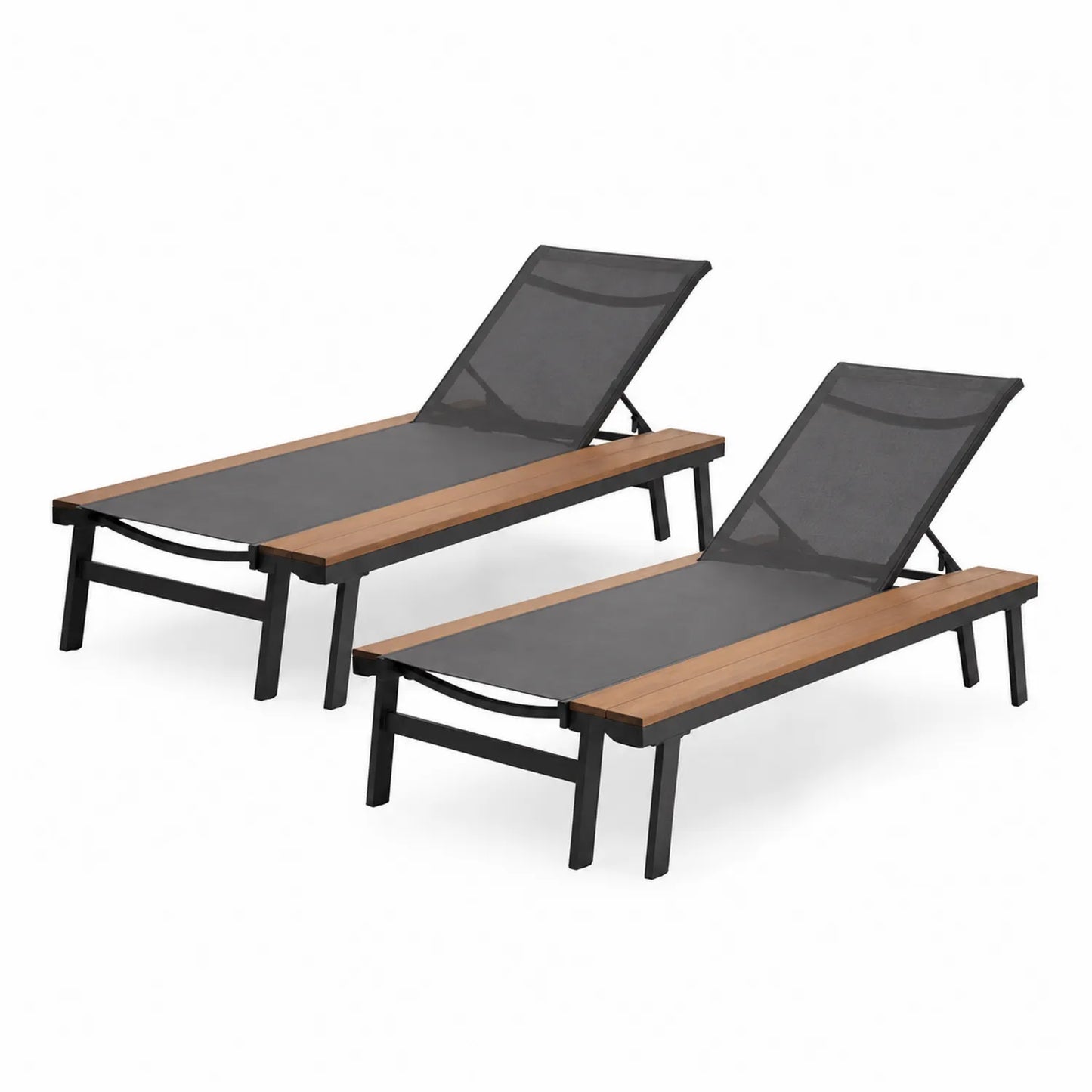 2er Set Sonnenliegen Aluminium Textilene Schwarz Holzoptik