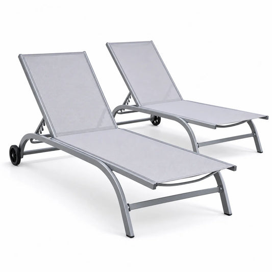 2er Set Sonnenliegen Aluminium Textil Grau mit Rollen