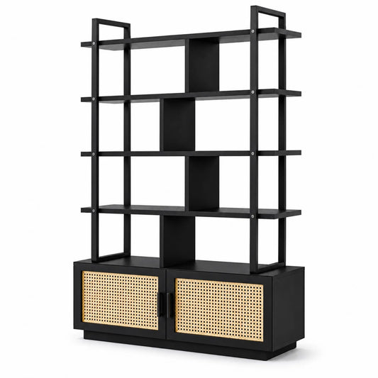 Schwarzes Regal aus MDF und natürlichem Rattan 180x100x35 cm